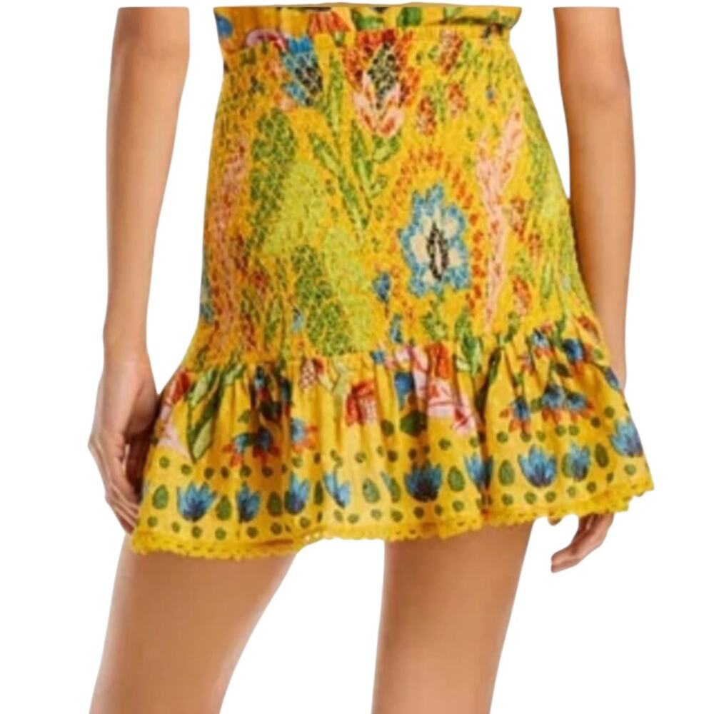 Farm Rio Summer Garden Smocked Mini Skirt Multicolor Size Large Ruffle Boho - Picture 3 of 12